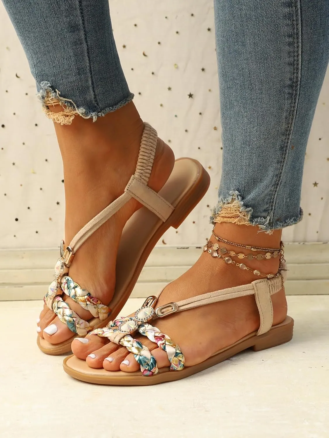 GORGLITTER Women's Bohemian Beach Boho Sandals Ankle Strap Flip Flops Comfortable Dressy Shoes
