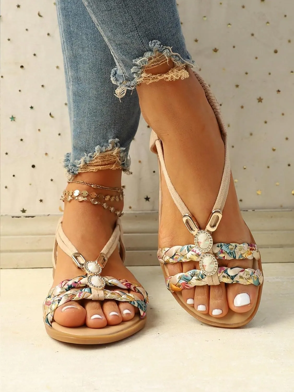 GORGLITTER Women's Bohemian Beach Boho Sandals Ankle Strap Flip Flops Comfortable Dressy Shoes