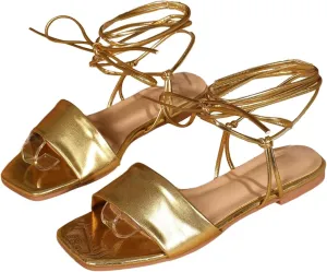 GORGLITTER Women's Criss Cross Strappy Lace Up Flat Sandals Metallic Square Open Toe Dressy Sandals