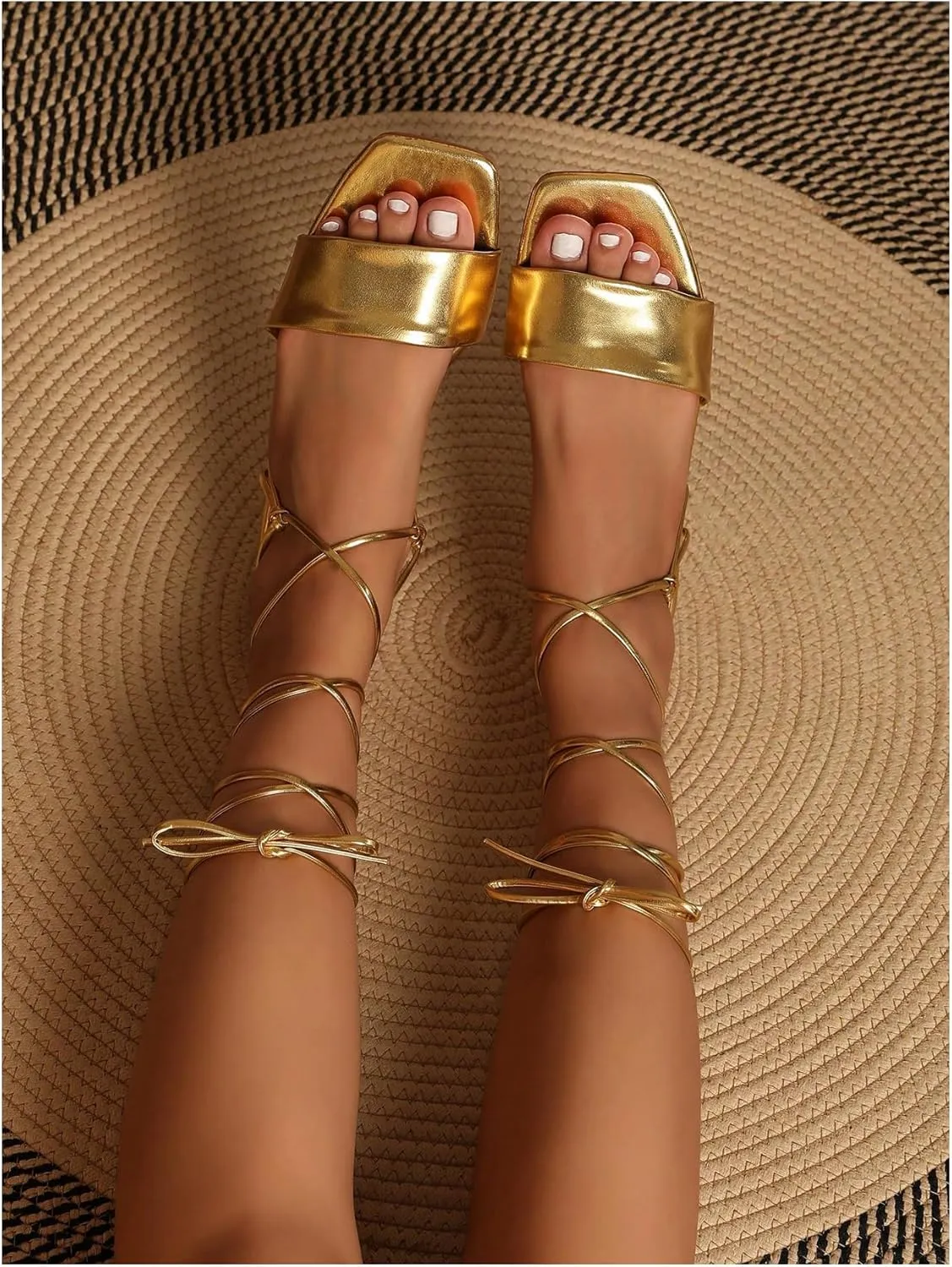 GORGLITTER Women's Criss Cross Strappy Lace Up Flat Sandals Metallic Square Open Toe Dressy Sandals