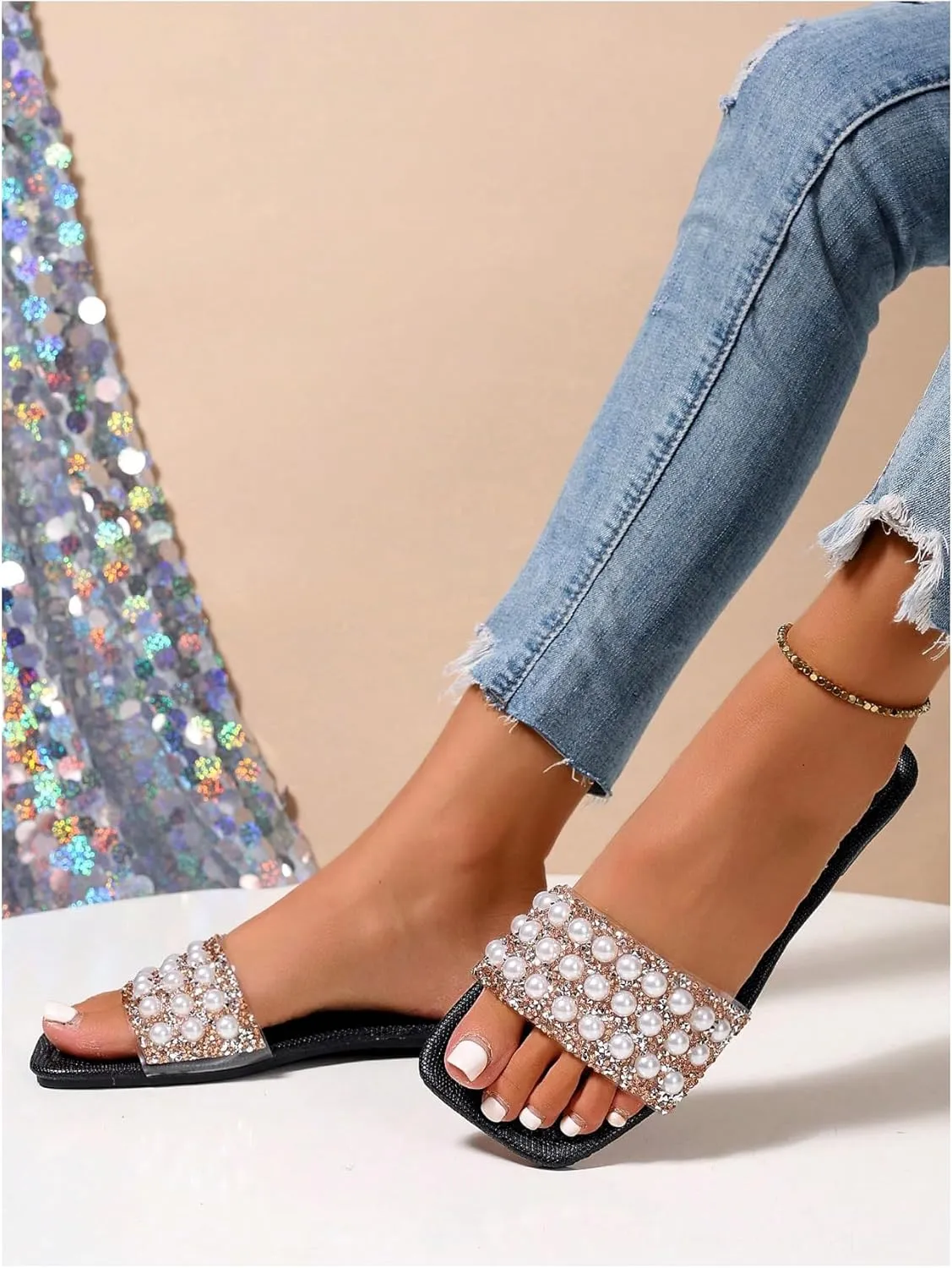 GORGLITTER Women's Pearls Flat Sandals Square Open Toe Rhinestone Dressy Summer Slip on Slide Sandals