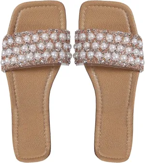 GORGLITTER Women's Pearls Flat Sandals Square Open Toe Rhinestone Dressy Summer Slip on Slide Sandals