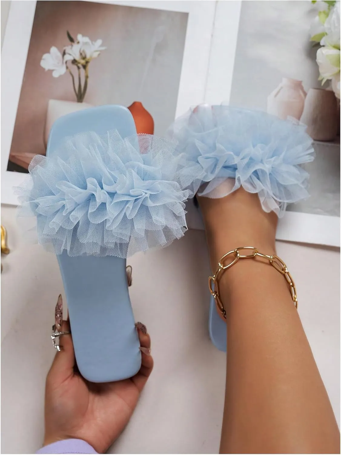 GORGLITTER Women's Wedding Sandals for Bride Ruffle Flat Sandals Dressy Square Open Toe Slip On Slides Comfortable Summer Shoes