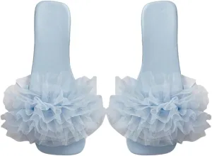GORGLITTER Women's Wedding Sandals for Bride Ruffle Flat Sandals Dressy Square Open Toe Slip On Slides Comfortable Summer Shoes