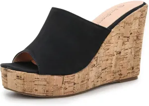 GUNIYIFS Womens Heeled Sandals Wedge Platform Open Toe Suede Slip on Casual Summer Slip on Comfy Cork Sandals for Women Shoes