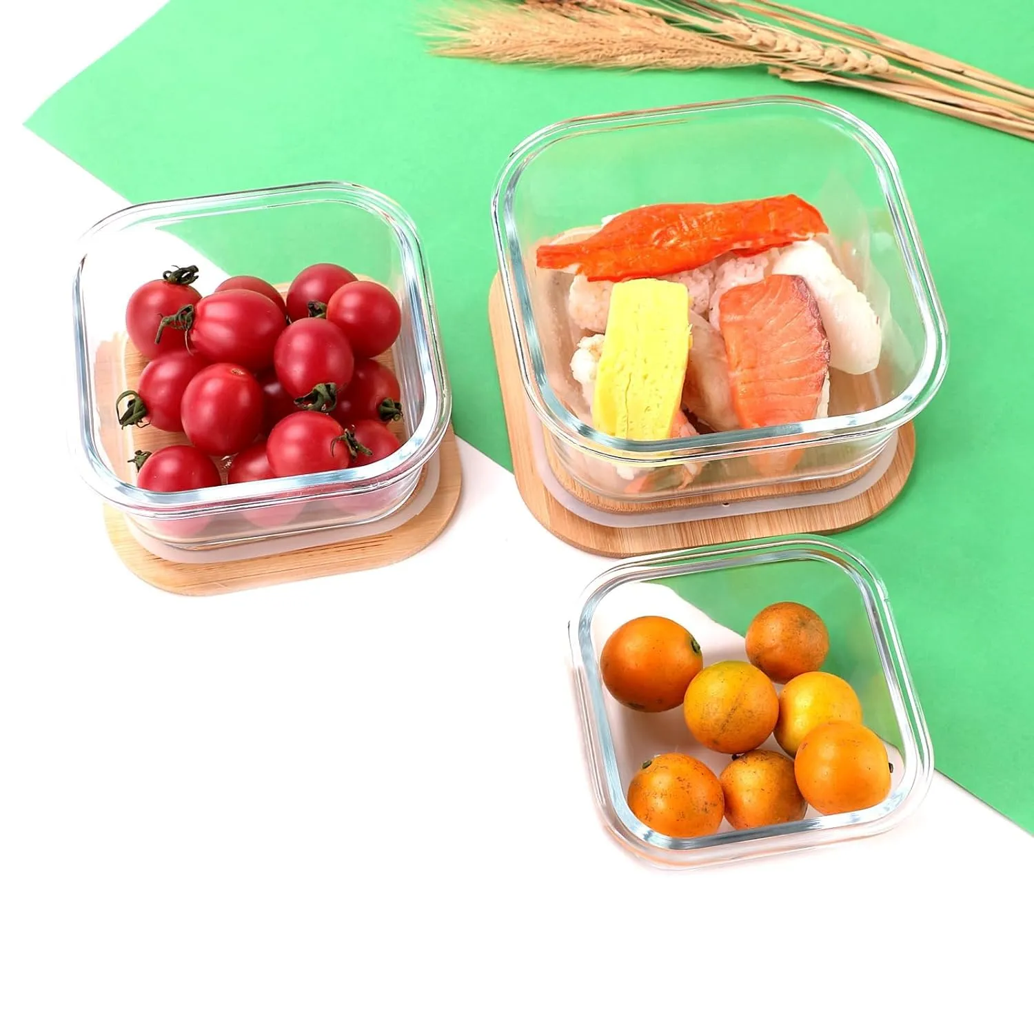 Homestic Borosilicate Kitchen Containers Set with Bamboo Lid | Glass Containers with Lid | Airtight | Microwave Safe | Ratatouille Print | 310ml 510ml 800ml | Pack of 3 | Multipurpose