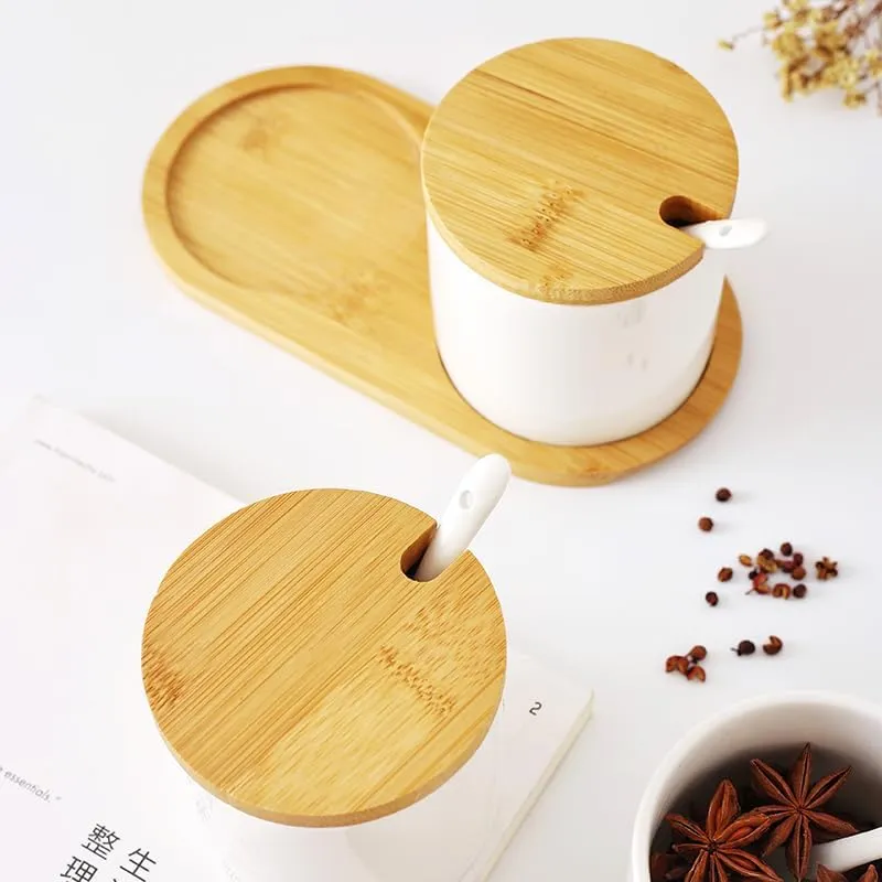 Homestic Kitchen Storage Box | Spoon and Wooden Tray Spice Container | Round Condiment Jar for Home | Air-Tight Bamboo Lid Kitchen Set | Set of 2 | BK02WT | 250 ML | White