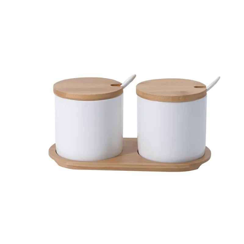 Homestic Kitchen Storage Box | Spoon and Wooden Tray Spice Container | Round Condiment Jar for Home | Air-Tight Bamboo Lid Kitchen Set | Set of 2 | BK02WT | 250 ML | White