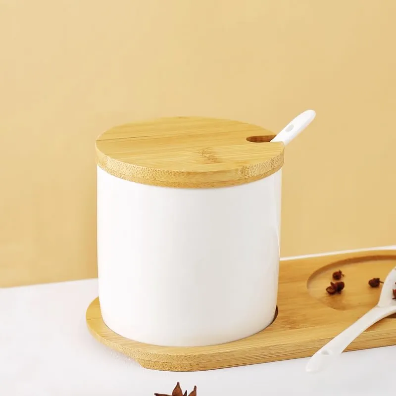 Homestic Kitchen Storage Box | Spoon and Wooden Tray Spice Container | Round Condiment Jar for Home | Air-Tight Bamboo Lid Kitchen Set | Set of 2 | BK02WT | 250 ML | White