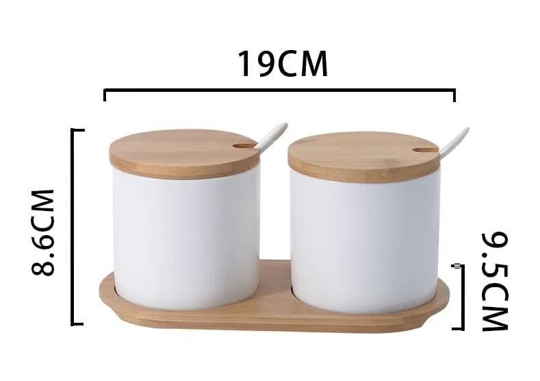 Homestic Kitchen Storage Box | Spoon and Wooden Tray Spice Container | Round Condiment Jar for Home | Air-Tight Bamboo Lid Kitchen Set | Set of 2 | BK02WT | 250 ML | White