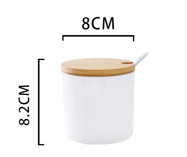 Homestic Kitchen Storage Box | Spoon and Wooden Tray Spice Container | Round Condiment Jar for Home | Air-Tight Bamboo Lid Kitchen Set | Set of 2 | BK02WT | 250 ML | White