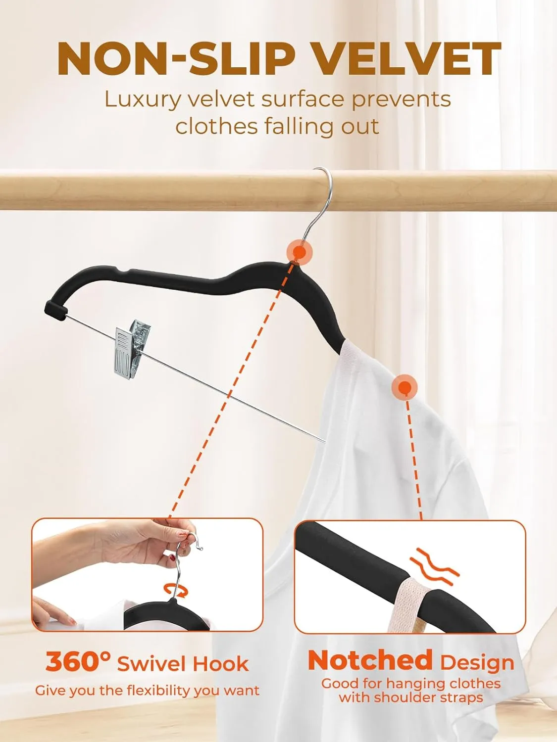 HOUSE DAY Velvet Skirt Hangers 24 Pack, Black Velvet Hangers with Adjustable Clips