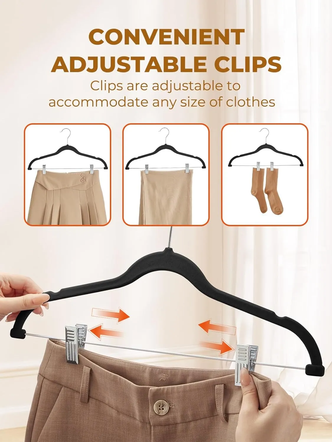 HOUSE DAY Velvet Skirt Hangers 24 Pack, Black Velvet Hangers with Adjustable Clips
