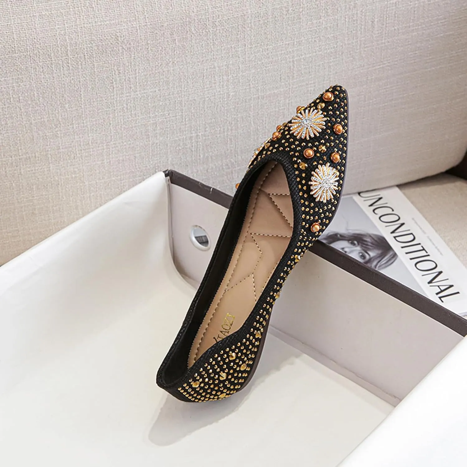 HROYL Women Rhinestone Flats Dressy Shoes Elegant Ballet Flats Party Evening Office Flats Model YSX-223-2