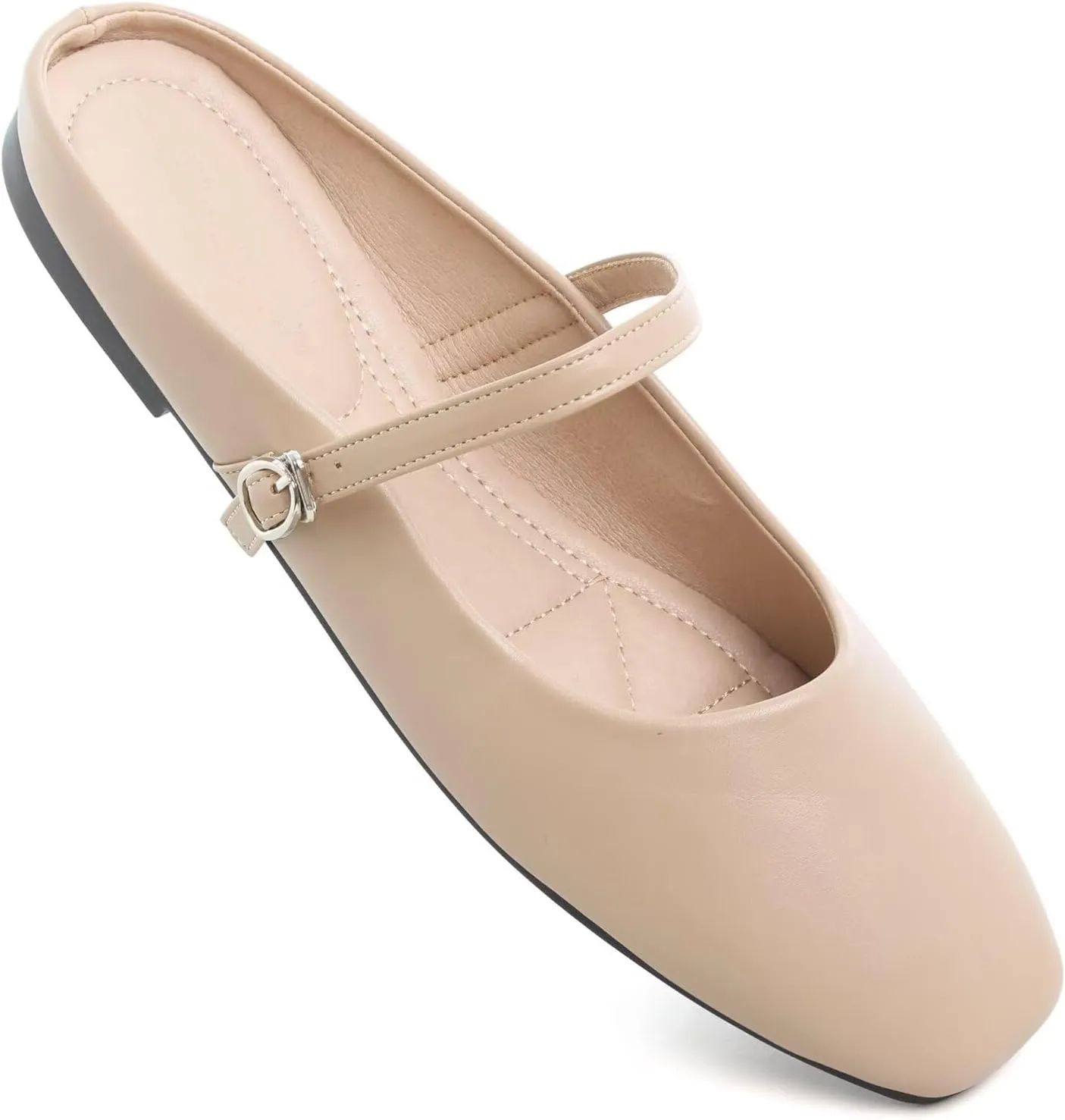 HuangTaiJi Qing Women Fashion Mary Janes Shoes Ankle Buckle Square Toe Female Comfortable Casual Flats Shoes Soft Walking Dressy Work Ballerina Flats