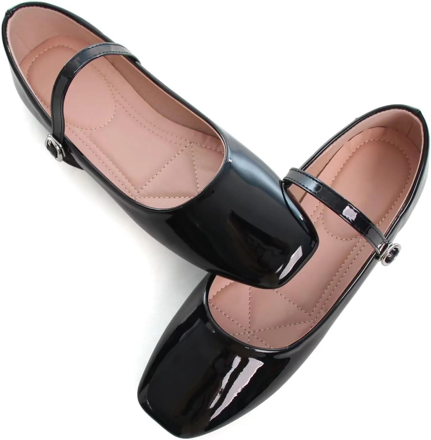 HuangTaiJi Qing Women Fashion Mary Janes Shoes Ankle Buckle Square Toe Female Comfortable Casual Flats Shoes Soft Walking Dressy Work Ballerina Flats