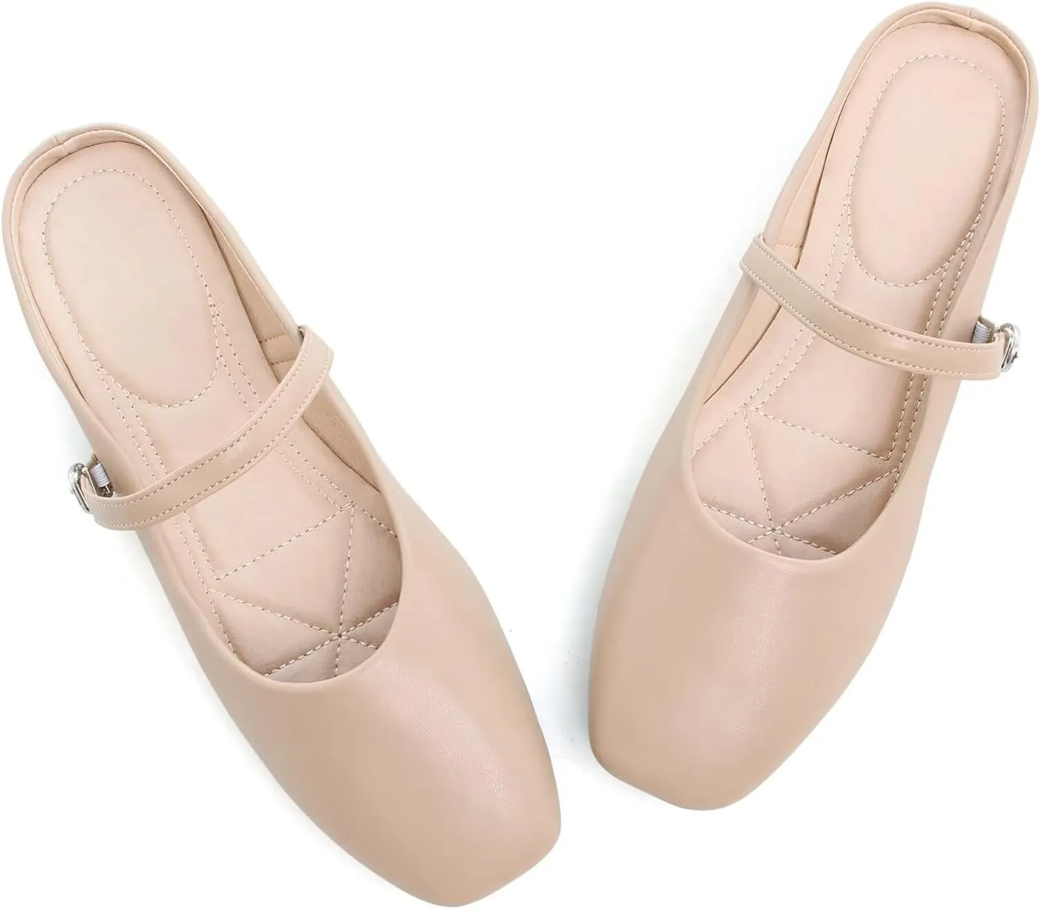 HuangTaiJi Qing Women Fashion Mary Janes Shoes Ankle Buckle Square Toe Female Comfortable Casual Flats Shoes Soft Walking Dressy Work Ballerina Flats