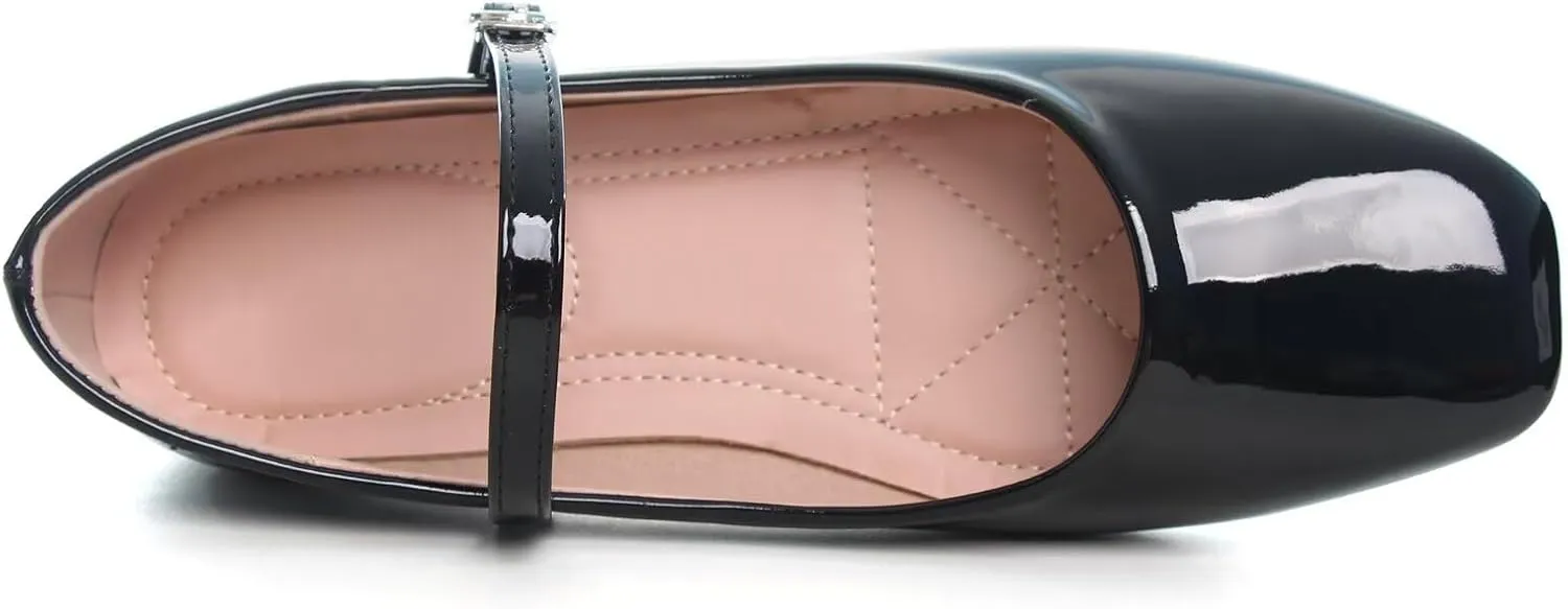 HuangTaiJi Qing Women Fashion Mary Janes Shoes Ankle Buckle Square Toe Female Comfortable Casual Flats Shoes Soft Walking Dressy Work Ballerina Flats