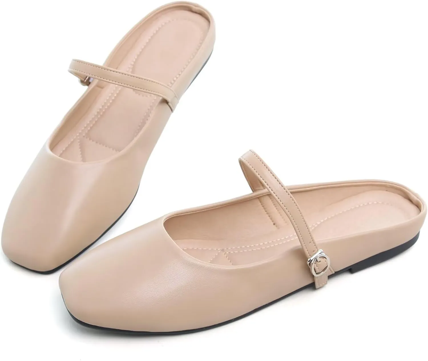 HuangTaiJi Qing Women Fashion Mary Janes Shoes Ankle Buckle Square Toe Female Comfortable Casual Flats Shoes Soft Walking Dressy Work Ballerina Flats