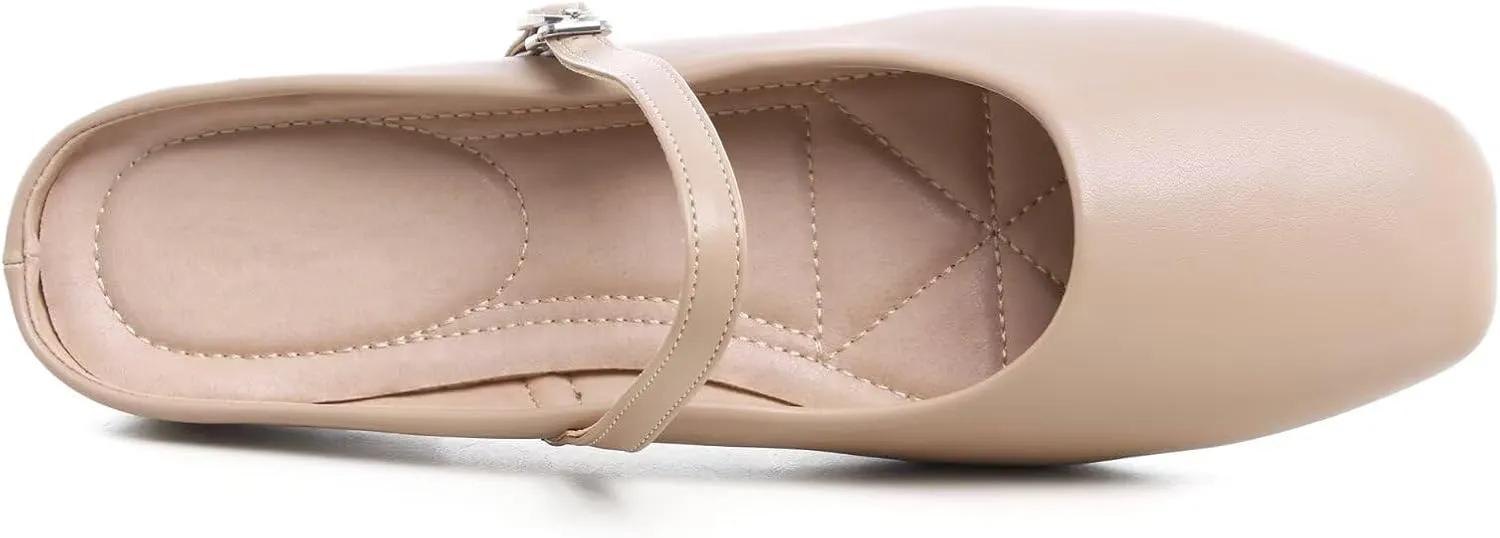 HuangTaiJi Qing Women Fashion Mary Janes Shoes Ankle Buckle Square Toe Female Comfortable Casual Flats Shoes Soft Walking Dressy Work Ballerina Flats