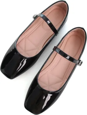 HuangTaiJi Qing Women Fashion Mary Janes Shoes Ankle Buckle Square Toe Female Comfortable Casual Flats Shoes Soft Walking Dressy Work Ballerina Flats