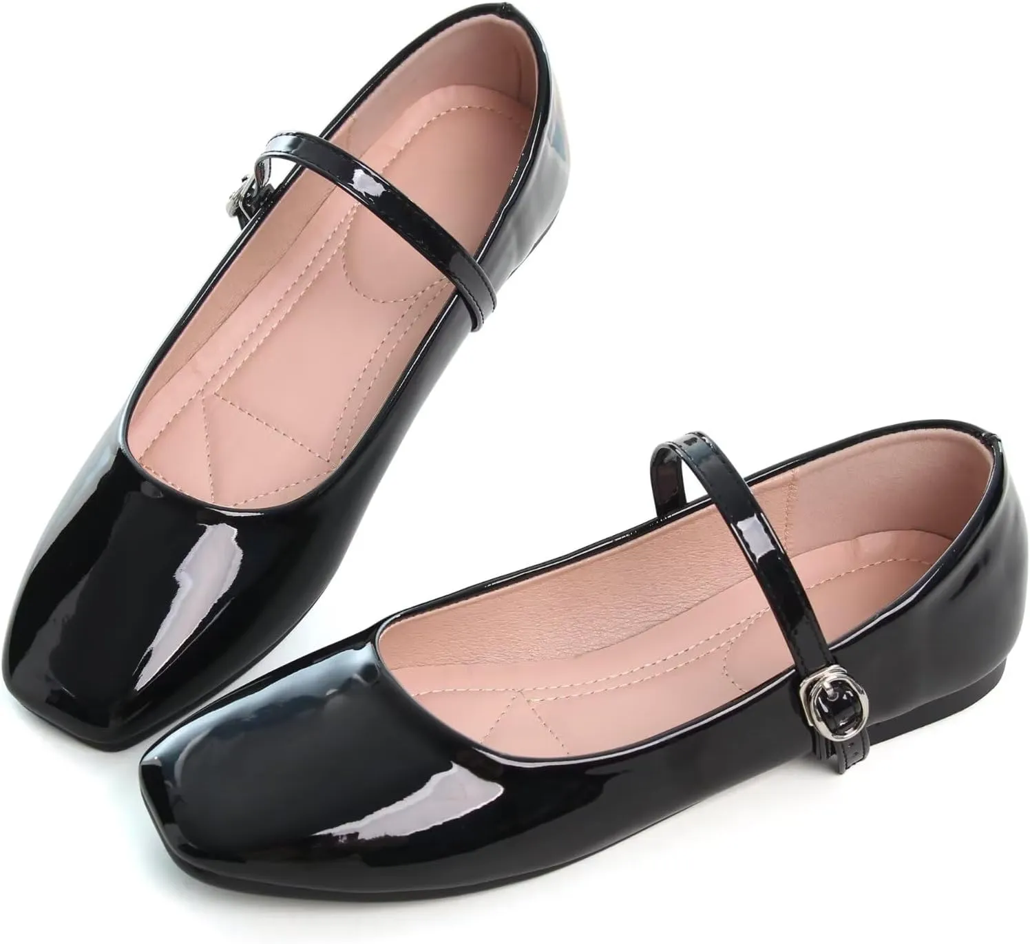 HuangTaiJi Qing Women Fashion Mary Janes Shoes Ankle Buckle Square Toe Female Comfortable Casual Flats Shoes Soft Walking Dressy Work Ballerina Flats