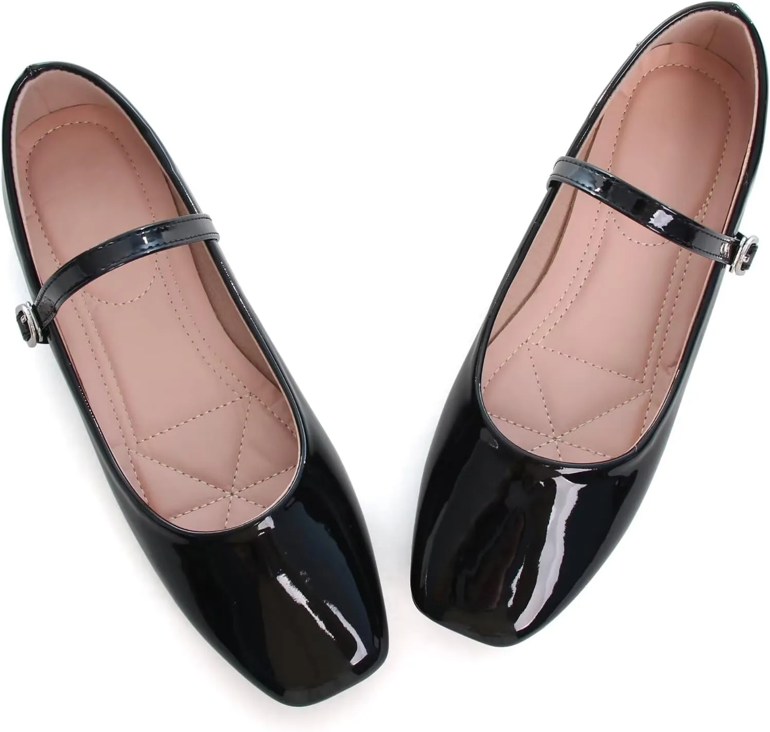HuangTaiJi Qing Women Fashion Mary Janes Shoes Ankle Buckle Square Toe Female Comfortable Casual Flats Shoes Soft Walking Dressy Work Ballerina Flats