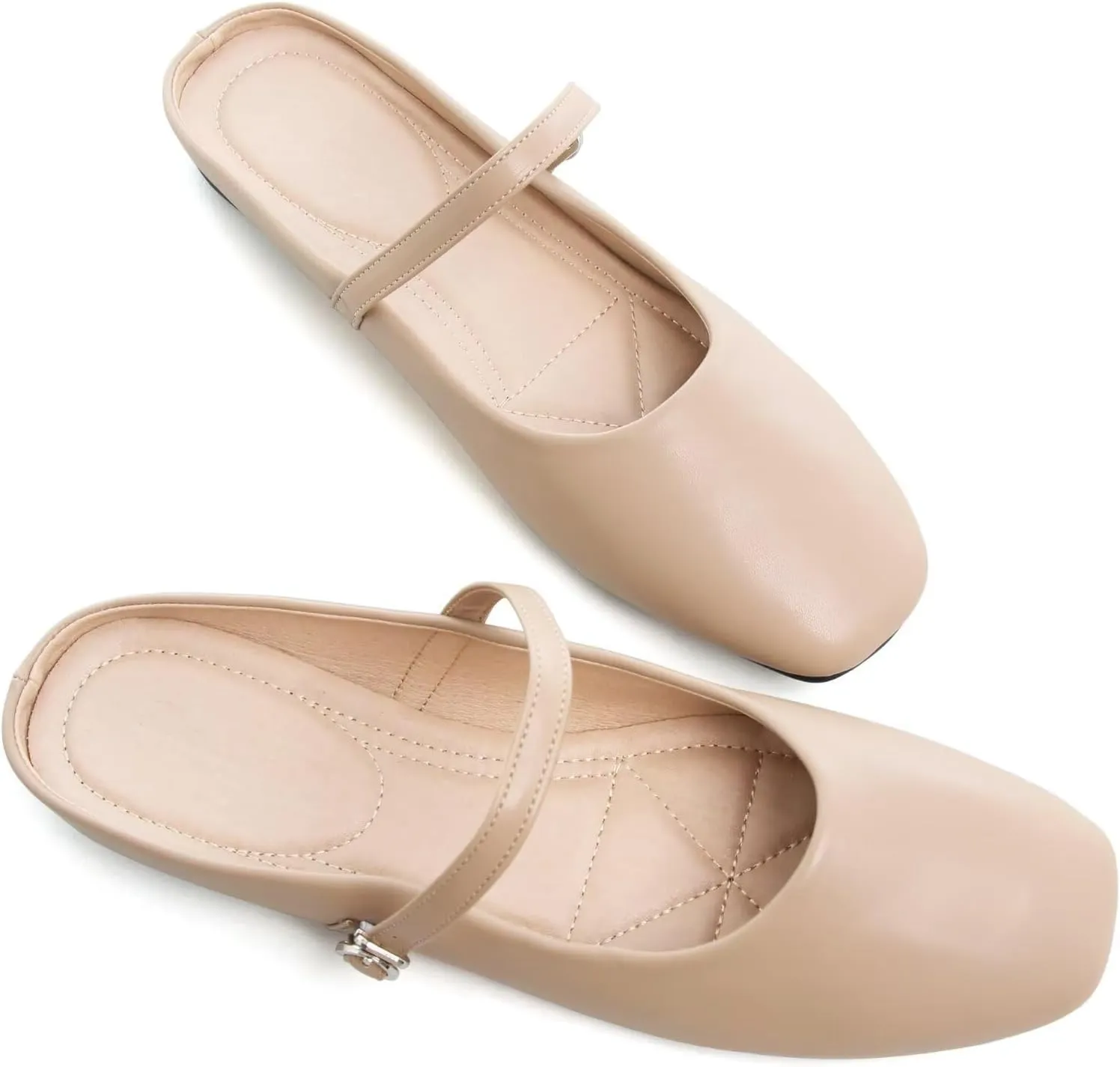 HuangTaiJi Qing Women Fashion Mary Janes Shoes Ankle Buckle Square Toe Female Comfortable Casual Flats Shoes Soft Walking Dressy Work Ballerina Flats