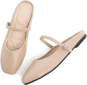 HuangTaiJi Qing Women Fashion Mary Janes Shoes Ankle Buckle Square Toe Female Comfortable Casual Flats Shoes Soft Walking Dressy Work Ballerina Flats