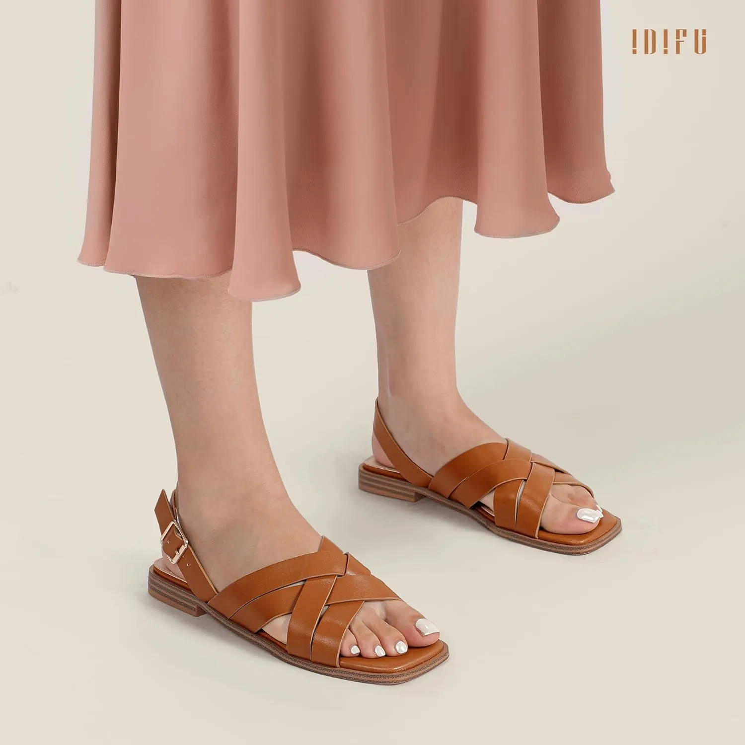IDIFU Strappy Flat Sandals for Women Square Open Toe Summer Beach Dressy Dress Ladies Comfortable Cute Comfy Trendy Casual Buckle Slingback Sandals with Back Strap