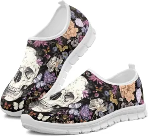 Jeiento Gothic Skull Slip On Shoes for Women Cozy Walking Shoes Fashion Travel Shoes