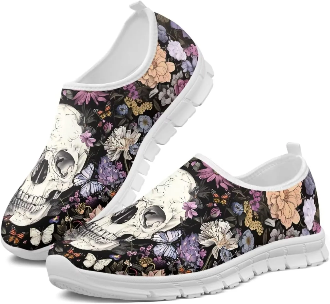Jeiento Gothic Skull Slip On Shoes for Women Cozy Walking Shoes Fashion Travel Shoes