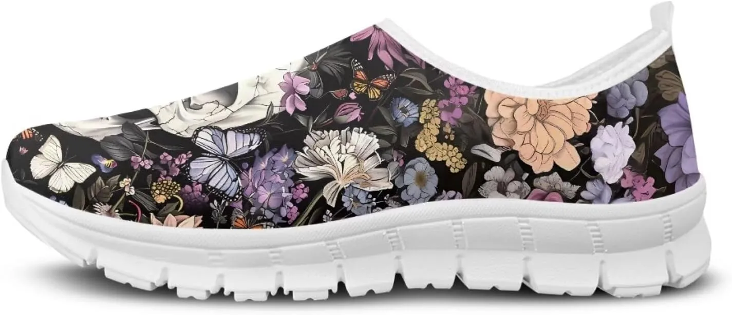 Jeiento Gothic Skull Slip On Shoes for Women Cozy Walking Shoes Fashion Travel Shoes