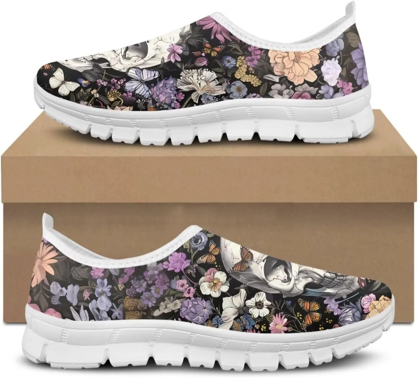 Jeiento Gothic Skull Slip On Shoes for Women Cozy Walking Shoes Fashion Travel Shoes