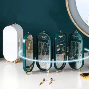 Jewelry Storage Box has Earrings Holder Organizer Foldable Necklace Hanging Double Sided Stand Display with Mirror