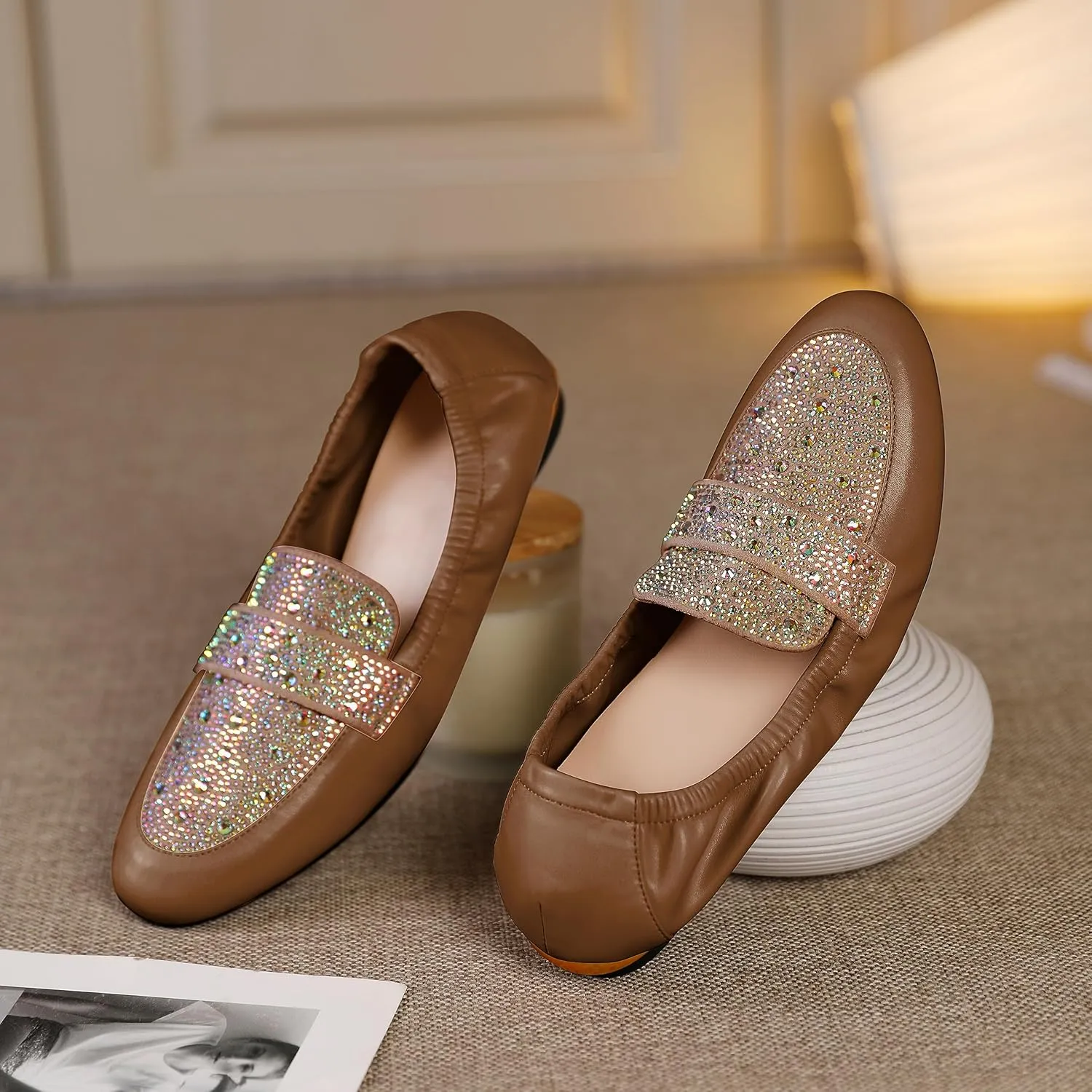 Joseywade Women's Ballet Flat Shoes Round Toe Slip On Rhinstone Walking Flats Cute Casual Low Comfort Soft Dress Shoes