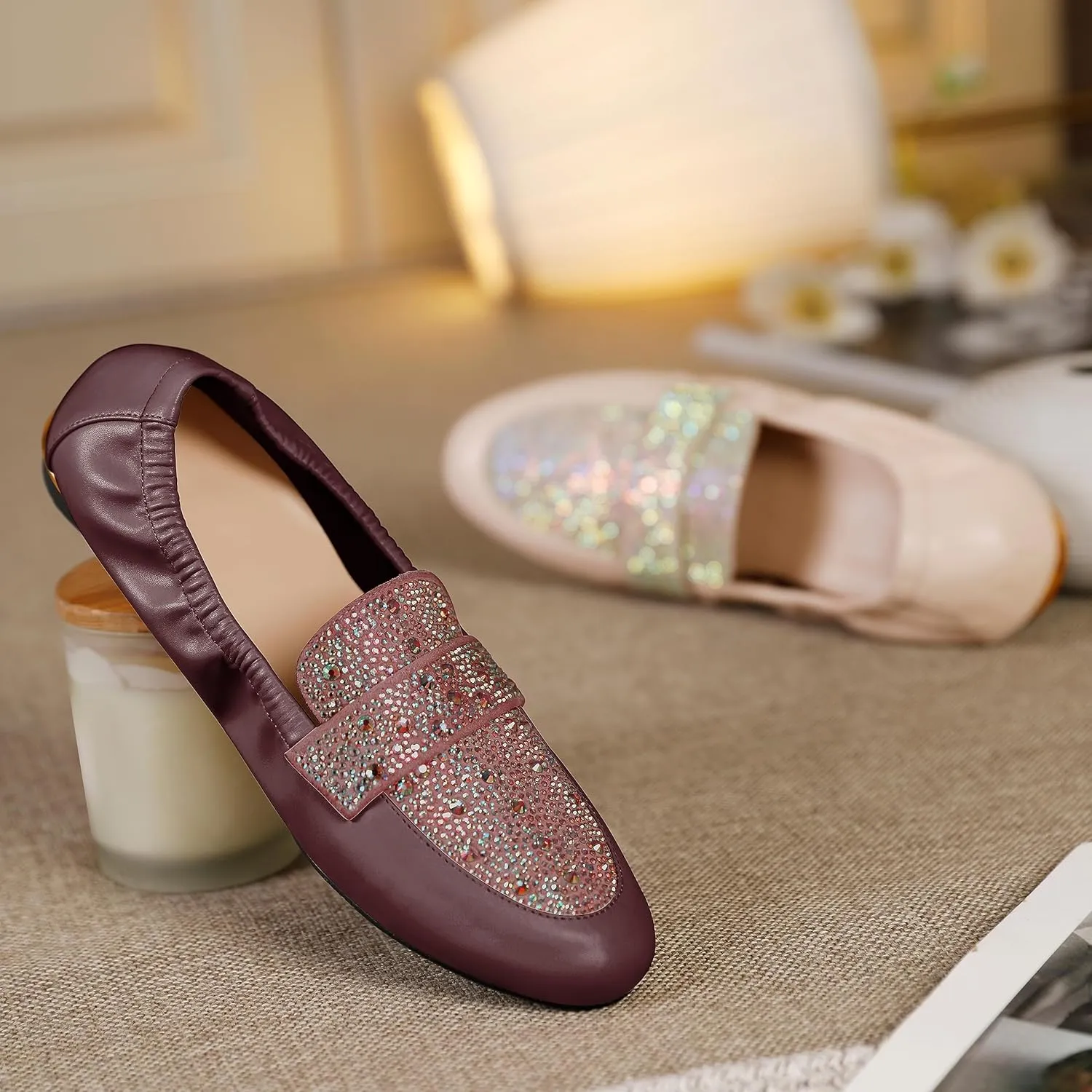 Joseywade Women's Ballet Flat Shoes Round Toe Slip On Rhinstone Walking Flats Cute Casual Low Comfort Soft Dress Shoes