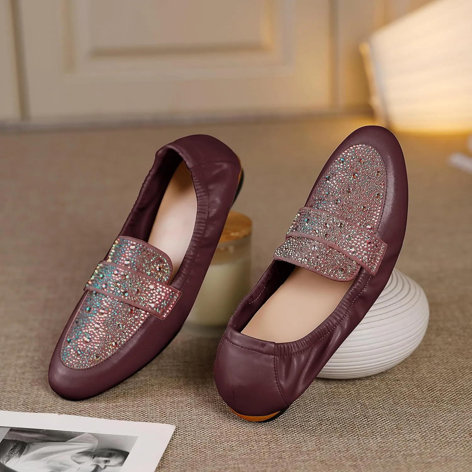 Joseywade Women's Ballet Flat Shoes Round Toe Slip On Rhinstone Walking Flats Cute Casual Low Comfort Soft Dress Shoes