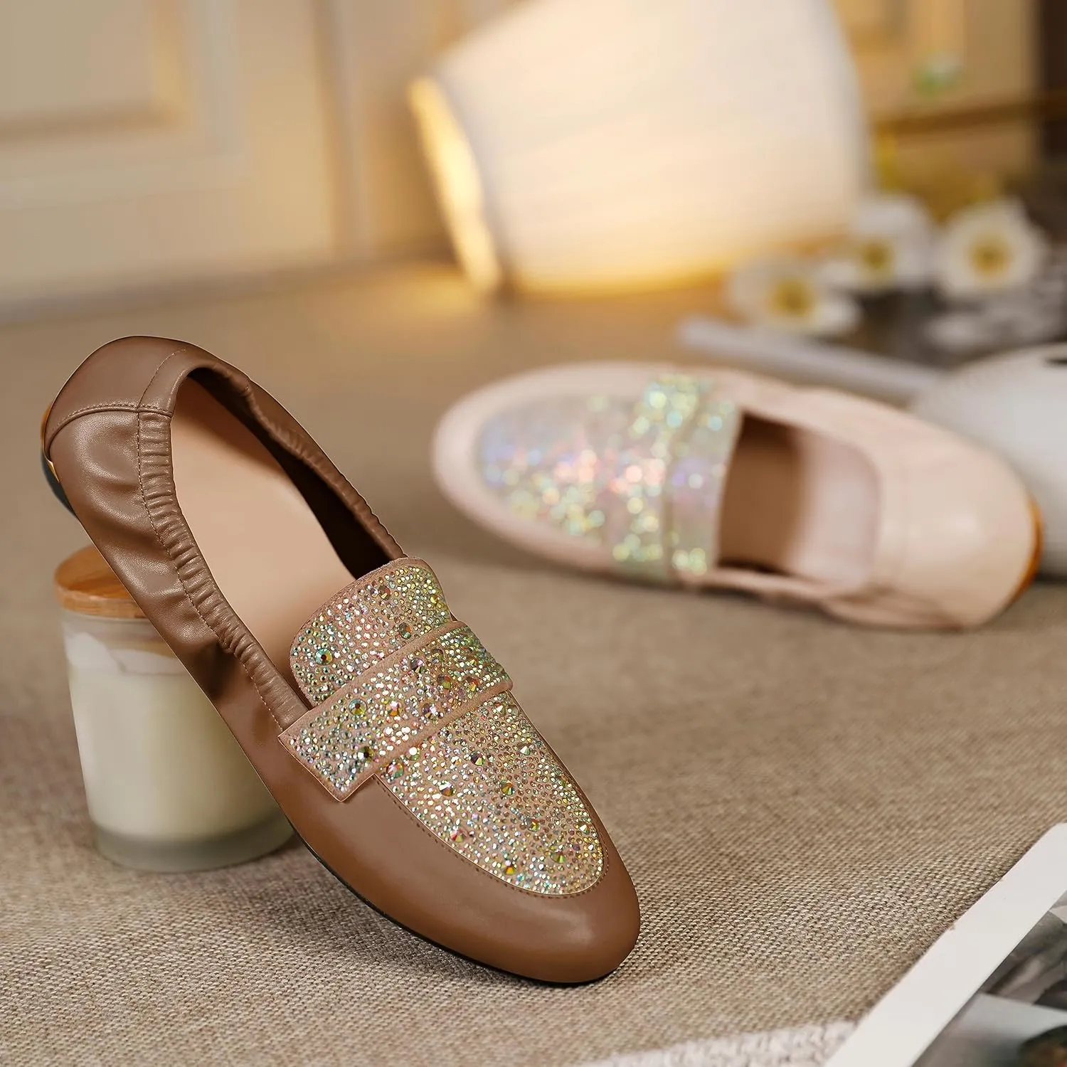 Joseywade Women's Ballet Flat Shoes Round Toe Slip On Rhinstone Walking Flats Cute Casual Low Comfort Soft Dress Shoes
