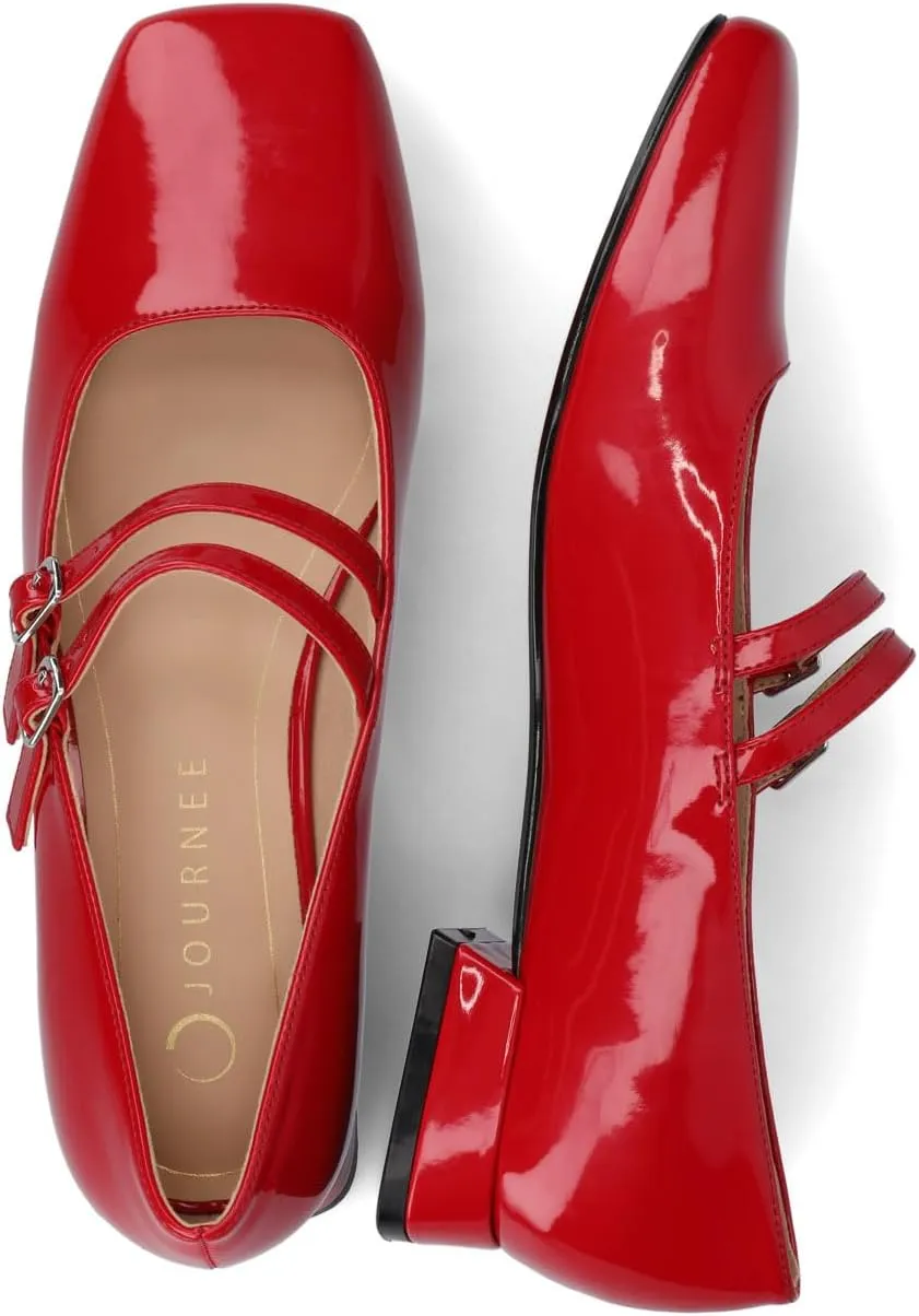 Journee Collection Womens Gredah Mary Jane Dress Flats Strappy Double Buckle Slip On Cushioned Block Heel Square Toe