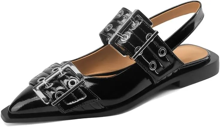 KOKOMOMO Women's Slingback Ballet Flats Goth Buckled Mary Jane Flats Pointed Closed Toe Women Footwear Non-Slip Rubber Sole Women Sandals Dress Shoes