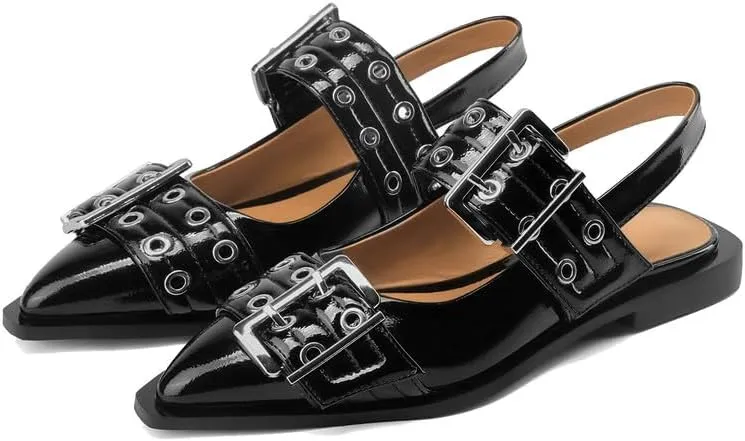 KOKOMOMO Women's Slingback Ballet Flats Goth Buckled Mary Jane Flats Pointed Closed Toe Women Footwear Non-Slip Rubber Sole Women Sandals Dress Shoes