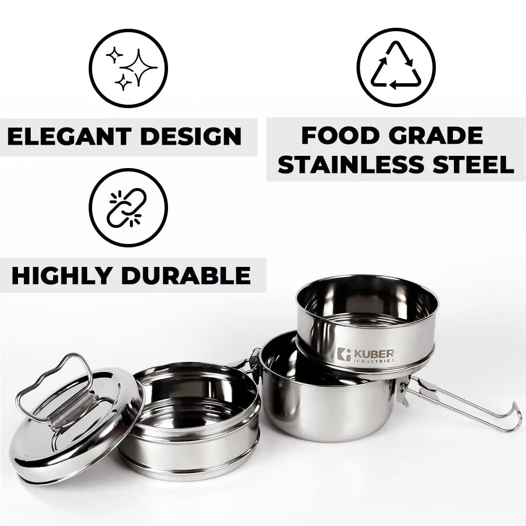Kuber Industries Clipper Stainless Steel Tiffin Box | Lunch Box with Locking Clip I Silver | Set of 3 Box | Everyday use Home Office Steel Lunch Box (3 Container, 1000ml) (Pack of 3)