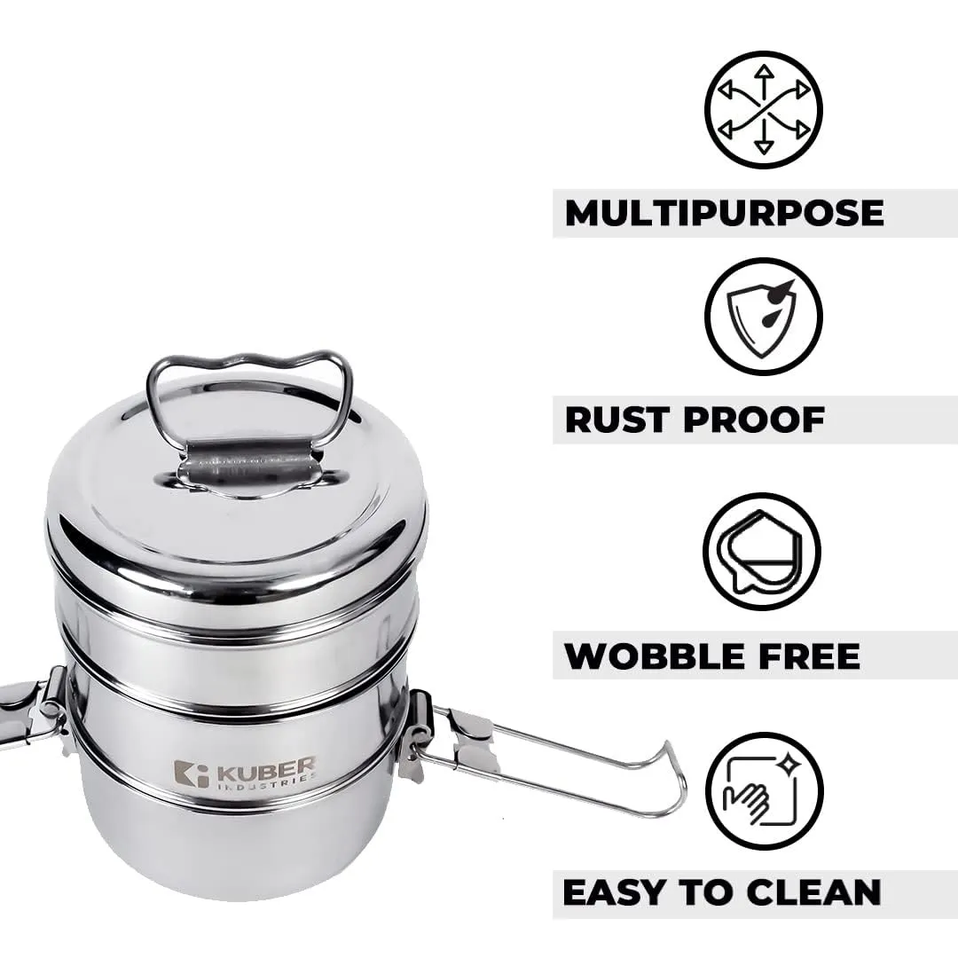 Kuber Industries Clipper Stainless Steel Tiffin Box | Lunch Box with Locking Clip I Silver | Set of 3 Box | Everyday use Home Office Steel Lunch Box (3 Container, 1000ml) (Pack of 3)