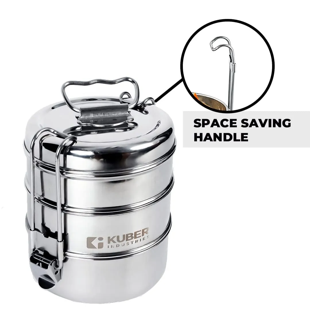 Kuber Industries Clipper Stainless Steel Tiffin Box | Lunch Box with Locking Clip I Silver | Set of 3 Box | Everyday use Home Office Steel Lunch Box (3 Container, 1000ml) (Pack of 3)