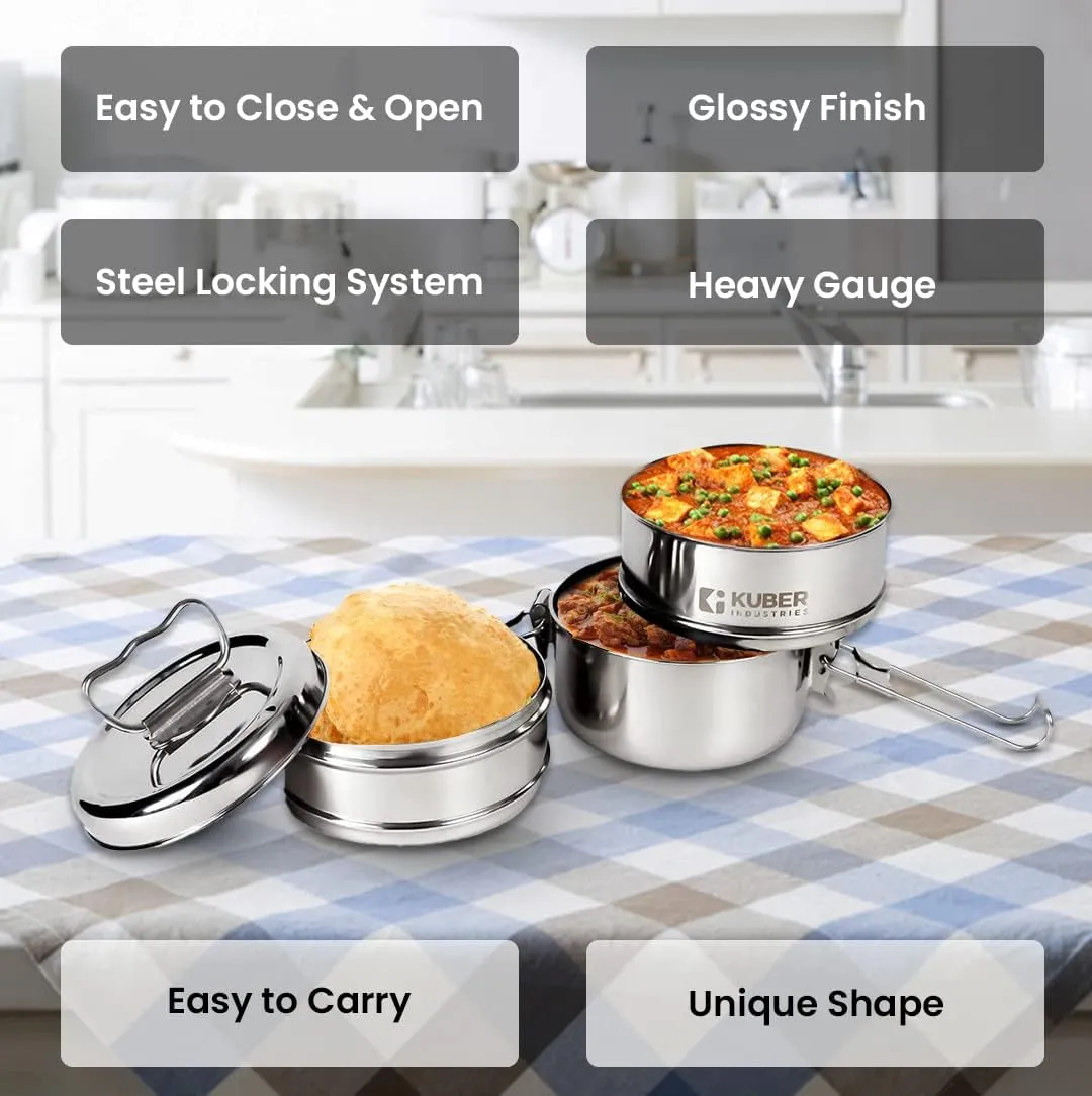 Kuber Industries Clipper Stainless Steel Tiffin Box | Lunch Box with Locking Clip I Silver | Set of 3 Box | Everyday use Home Office Steel Lunch Box (3 Container, 1000ml) (Pack of 3)