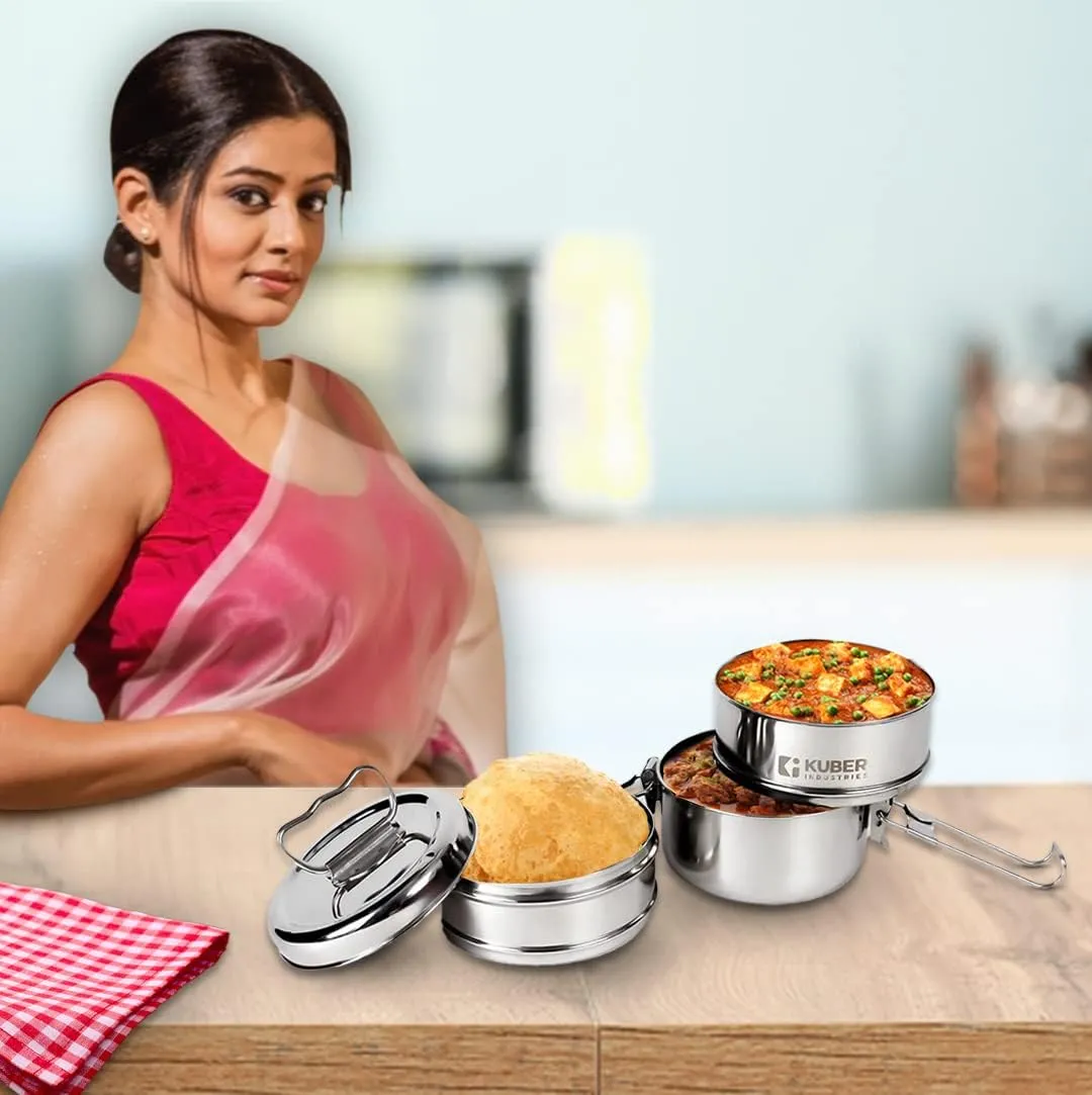 Kuber Industries Clipper Stainless Steel Tiffin Box | Lunch Box with Locking Clip I Silver | Set of 3 Box | Everyday use Home Office Steel Lunch Box (3 Container, 1000ml) (Pack of 3)