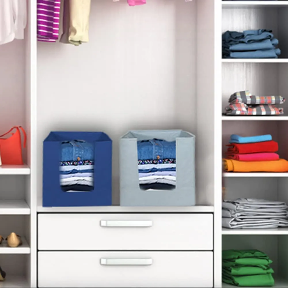 Kuber Industries Towel Holder and Non-Woven Foldable Shirt Stacker | 3 Rods 180 Degree Rotation Bar DIY Installation Holder(Grey) | Shirt Organizer Size 40 x 25 x 24 cm, Pack of 2 (Grey and Blue)