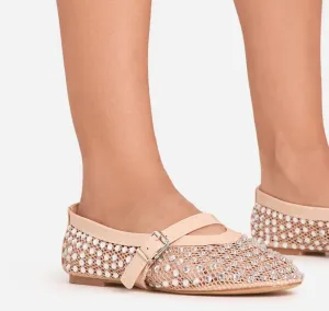 LEMONADE Women's Diamante Fishnet Detail Buckle Strap Flat Ballet Pump