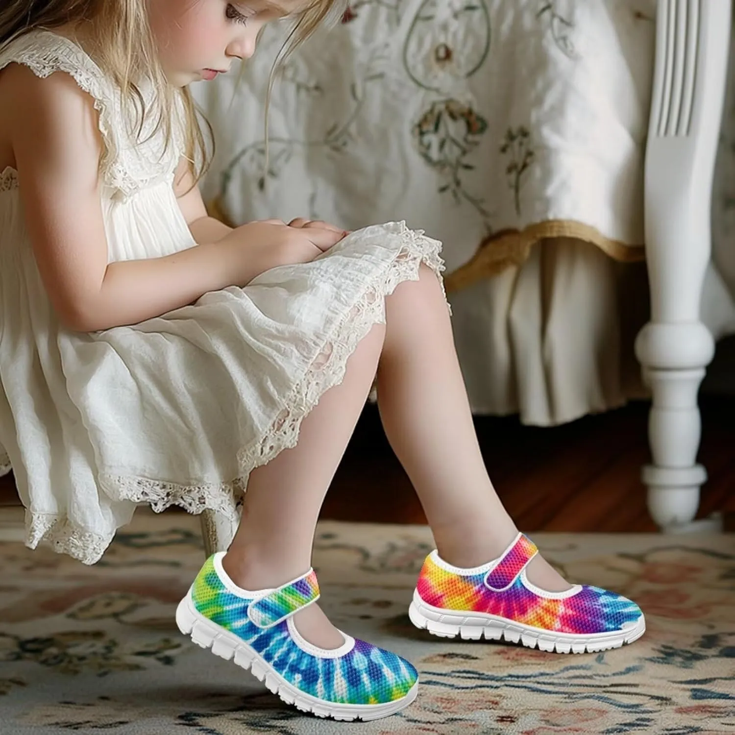 Little Girls Tie Dye Rainbow Mary Janes Shoes Ballet Flats Dress Shoe School Party Walking Shoes